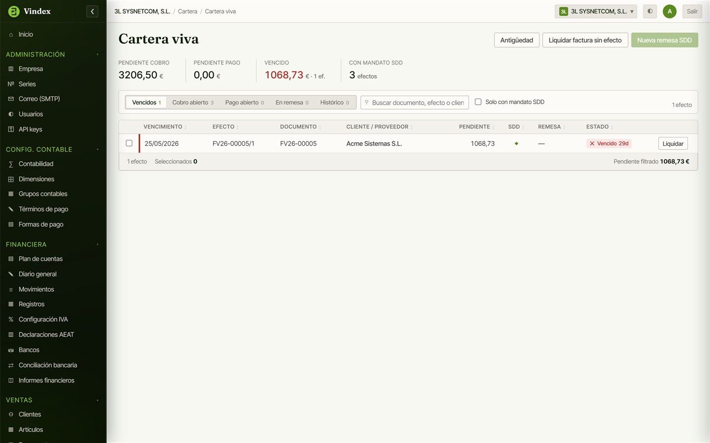 Cartera de cobros de Vindex con efectos, vencimientos y domiciliaciones SEPA