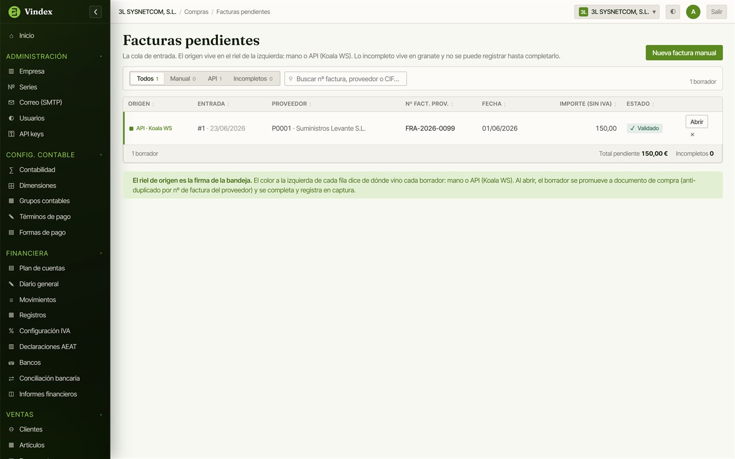 Bandeja de facturas de compra pendientes en Vindex, con el origen de cada una