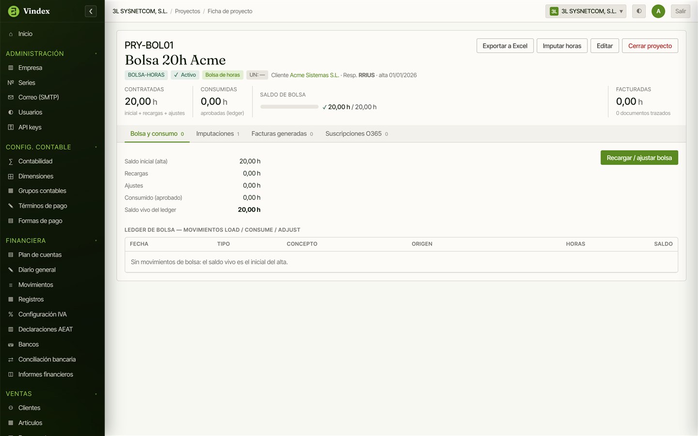 Ficha de proyecto en Vindex con el saldo vivo de la bolsa de horas y su histórico