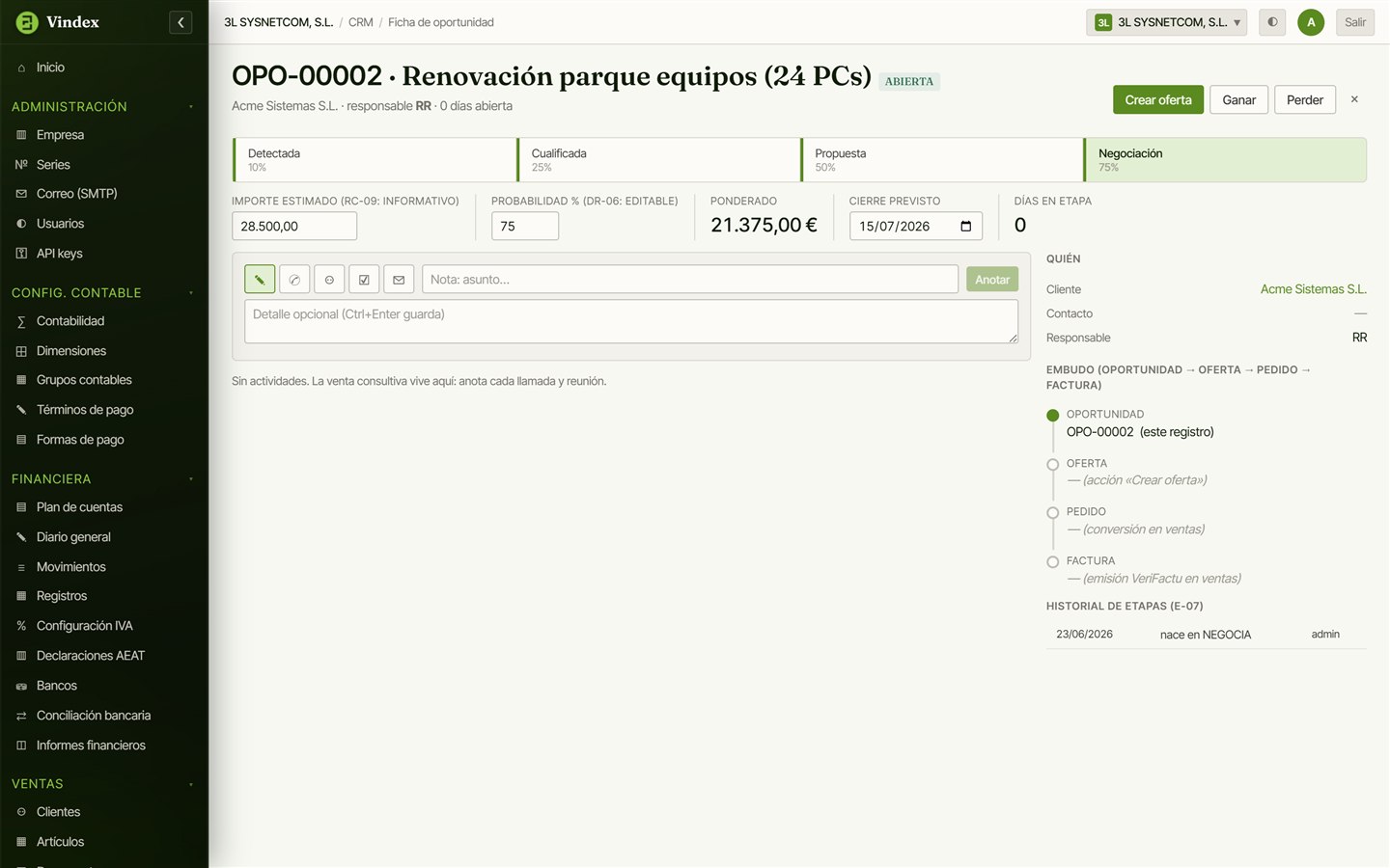 Ficha de oportunidad en Vindex con el embudo Oportunidad, Oferta, Pedido y Factura