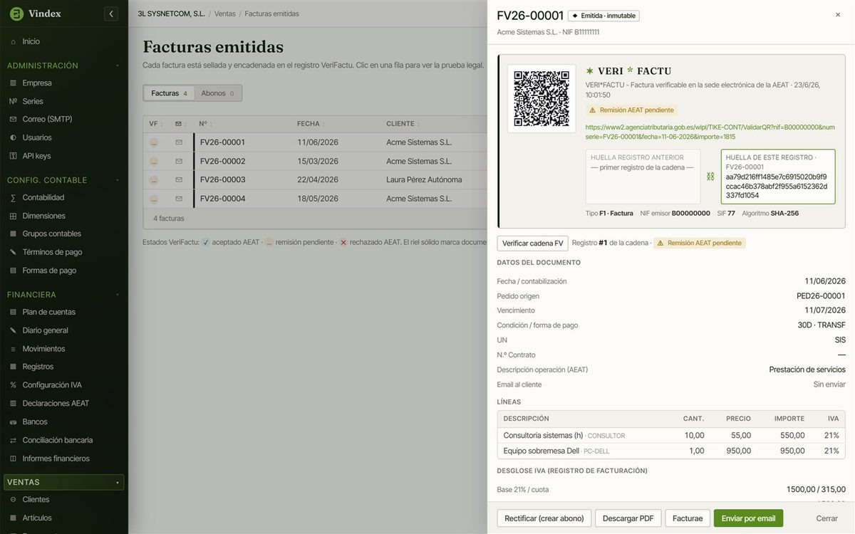 Factura de Vindex con código QR VeriFactu, leyenda VERI*FACTU, cadena de huellas y desglose de IVA