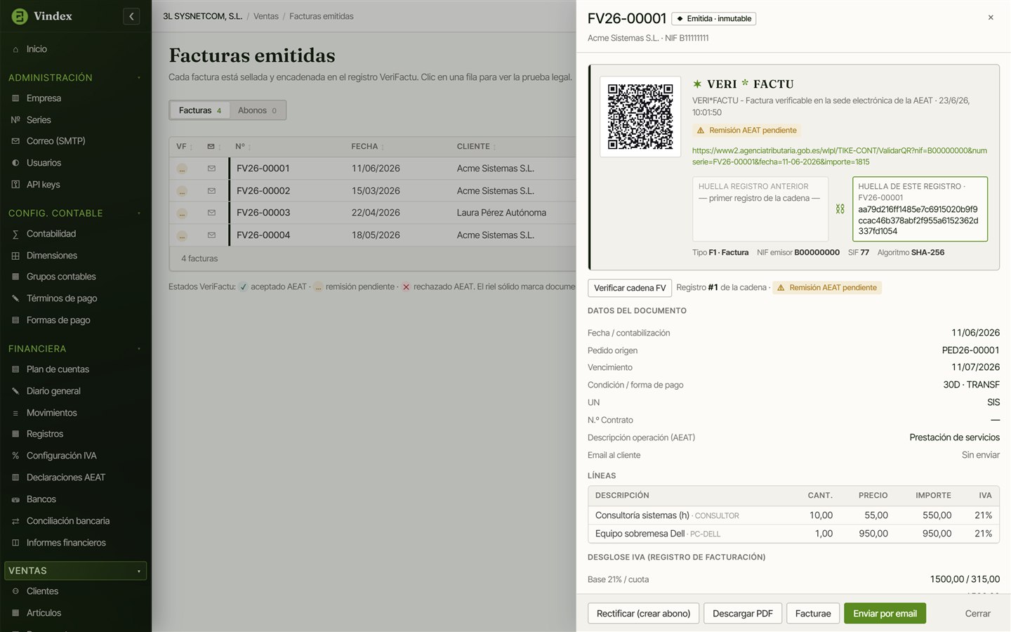 Factura de Vindex con código QR VeriFactu, leyenda VERI*FACTU, cadena de huellas y desglose de IVA